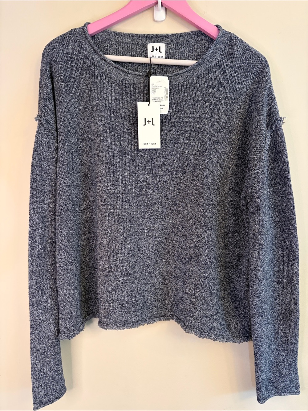 NWT❗️John + Jenn Heathered Navy Crewneck Fringe 100 Cotton Sweater